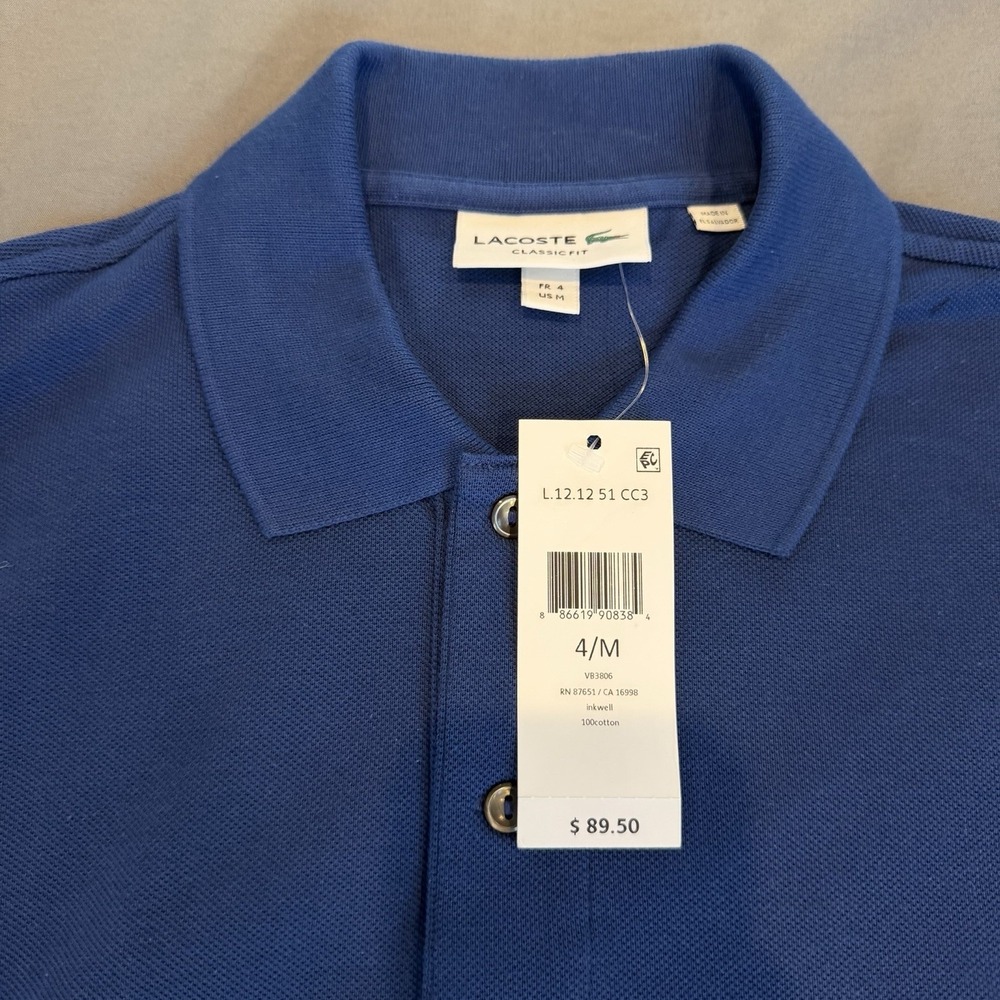 Lacoste Men's Polo Shirt M Blue Classic Fit Short Sleeve 100% Cotton Preppy NWT - Picture 4 of 6